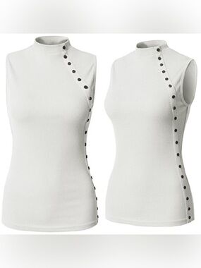 H2H Women’s M/L Mock Neck Knit Tank White Brown Asymmetrical Buttons